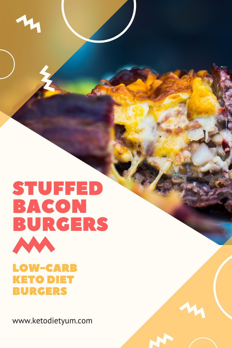 These Keto Stuffed Bacon Burgers are simple, easy and bursting with delicious flavor. Melted, gooey cheese with extra on the top and sliced bacon for an extra crunch, yum! #ketodiet #ketorecipes #lowcarbrecipes