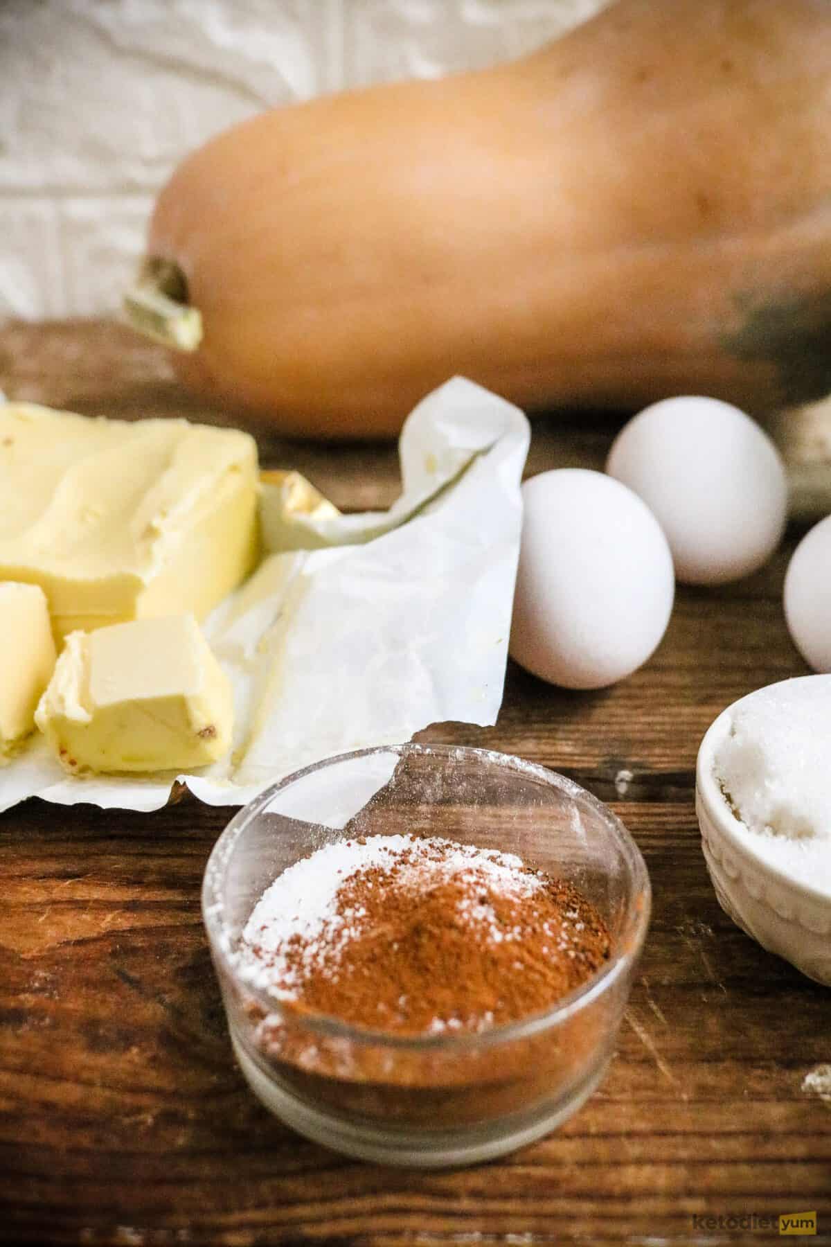 Ingredients arranged on a table to make keto pumpkin bread including pumpkin, butter, eggs, Erythritol, cream cheese, almond flour and spices