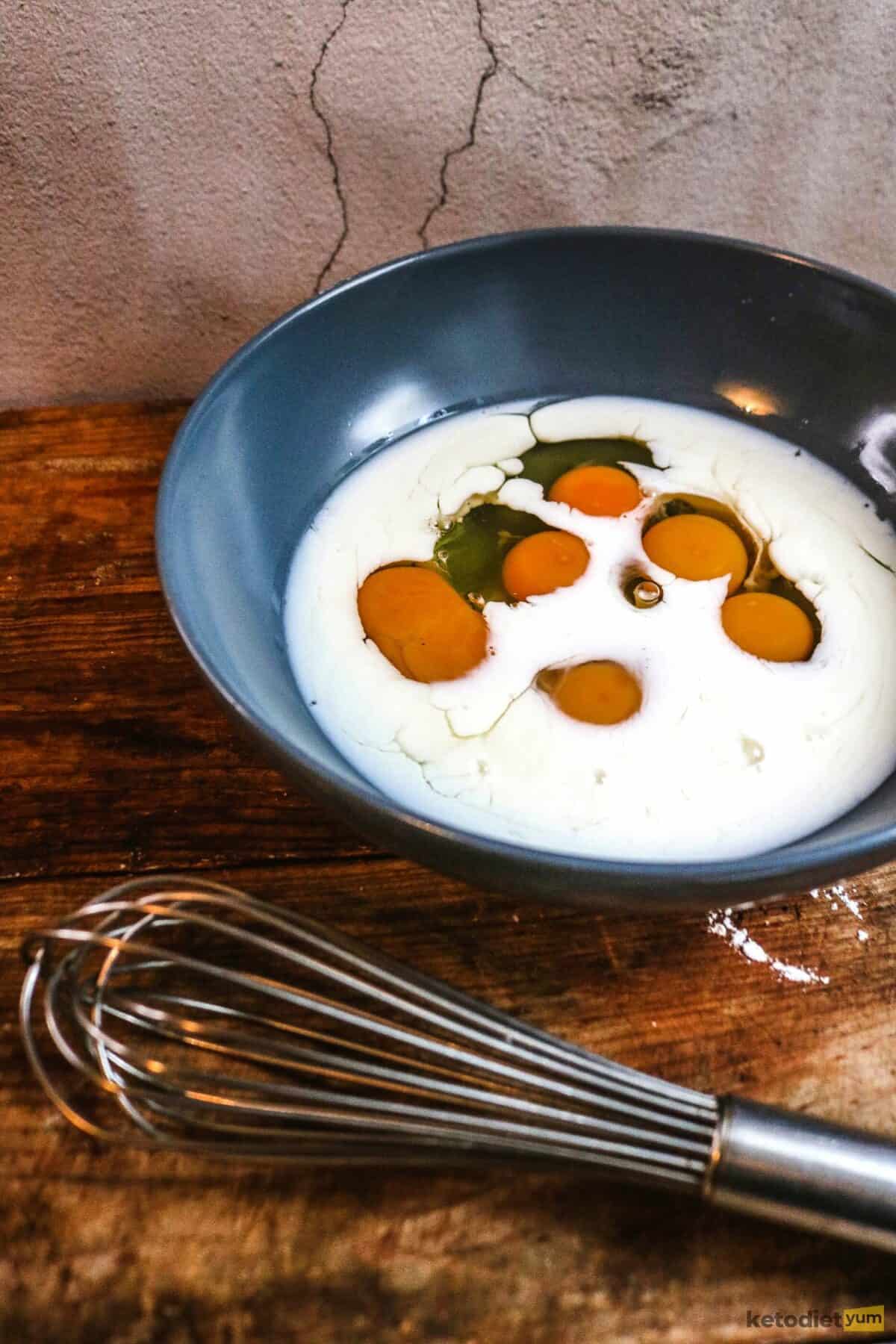 Keto Coconut Flour Crepes Eggs, coconut milk and butter in a mixing bowl