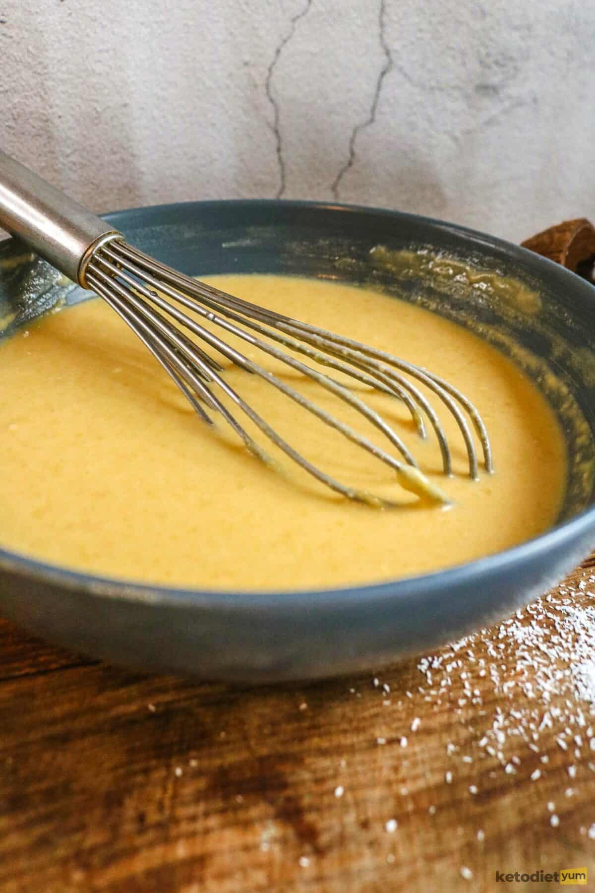 Coconut flour crepe batter in a mixing bowl
