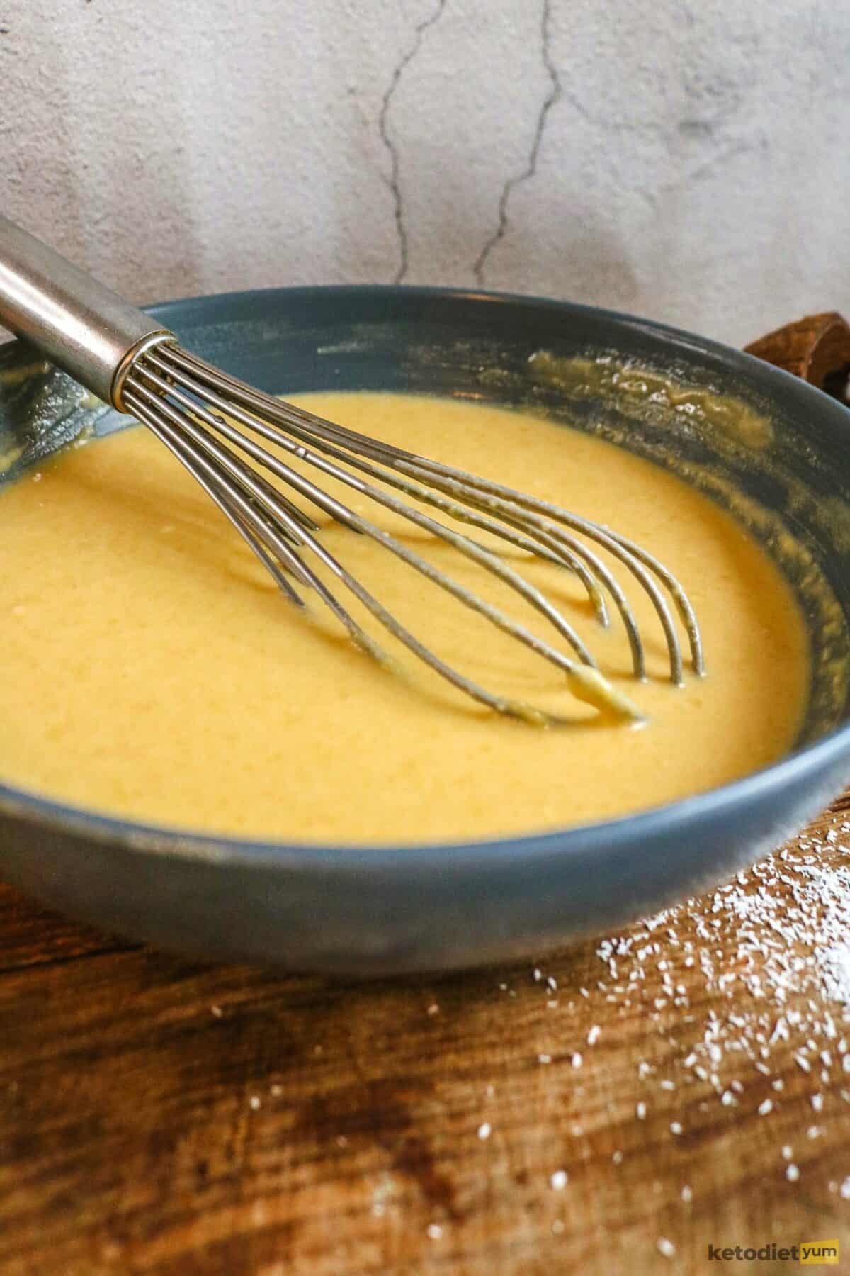Keto Coconut Flour Crepes Coconut flour crepe batter in a mixing bowl