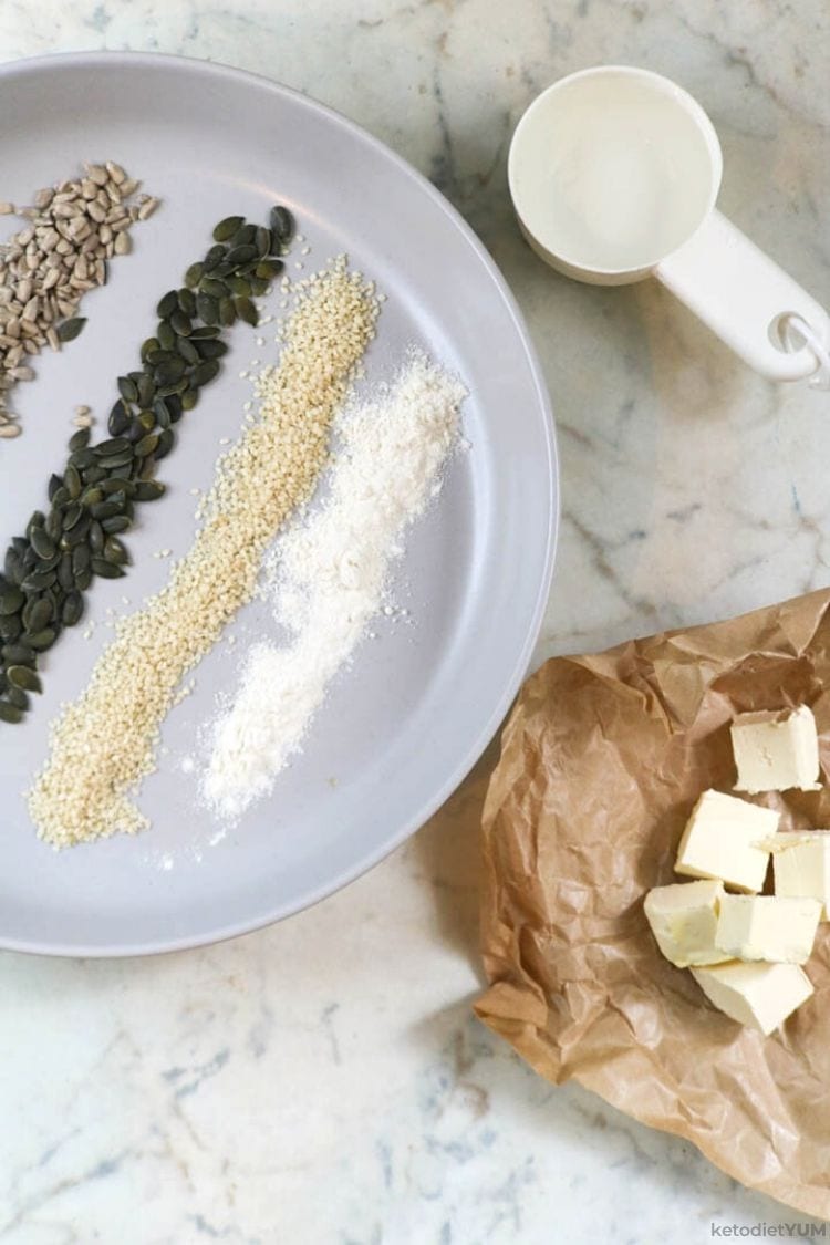 Keto crackers made with sunflower seeds, flax seeds, sesame seeds and pumpkin seeds.