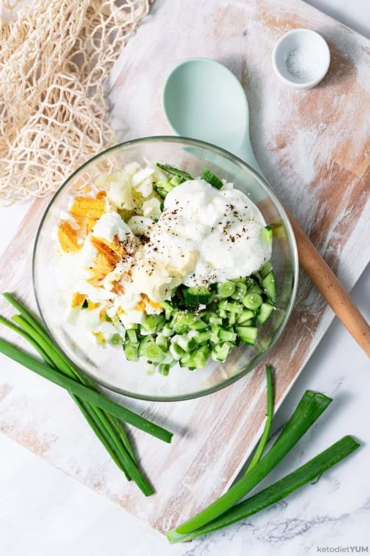 Keto Cauliflower Salad Recipe cauliflower salad ready to be mixed