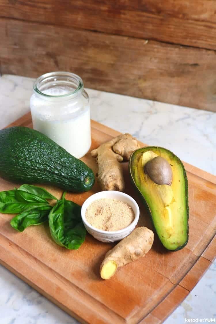 Ingredients for this ginger basil avocado smoothie