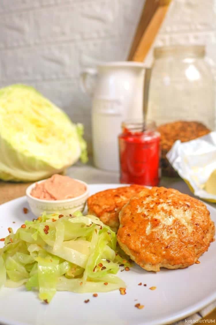 Best keto chicken patties with spicy fried cabbage and tomato butter