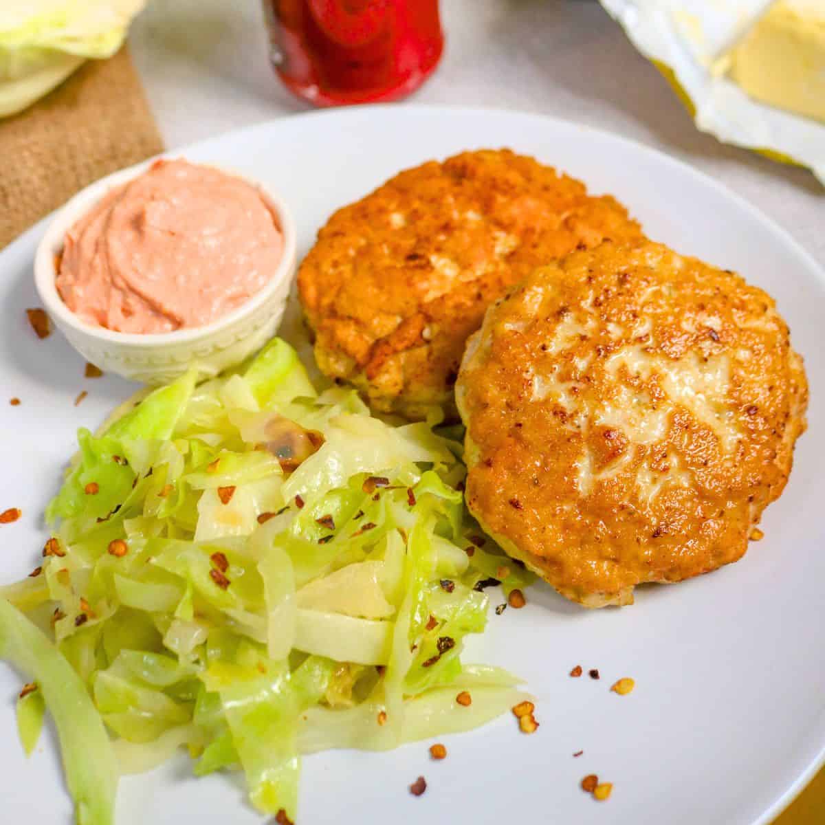 Keto Chicken Patties with Spicy Fried Cabbage & Tomato Butter