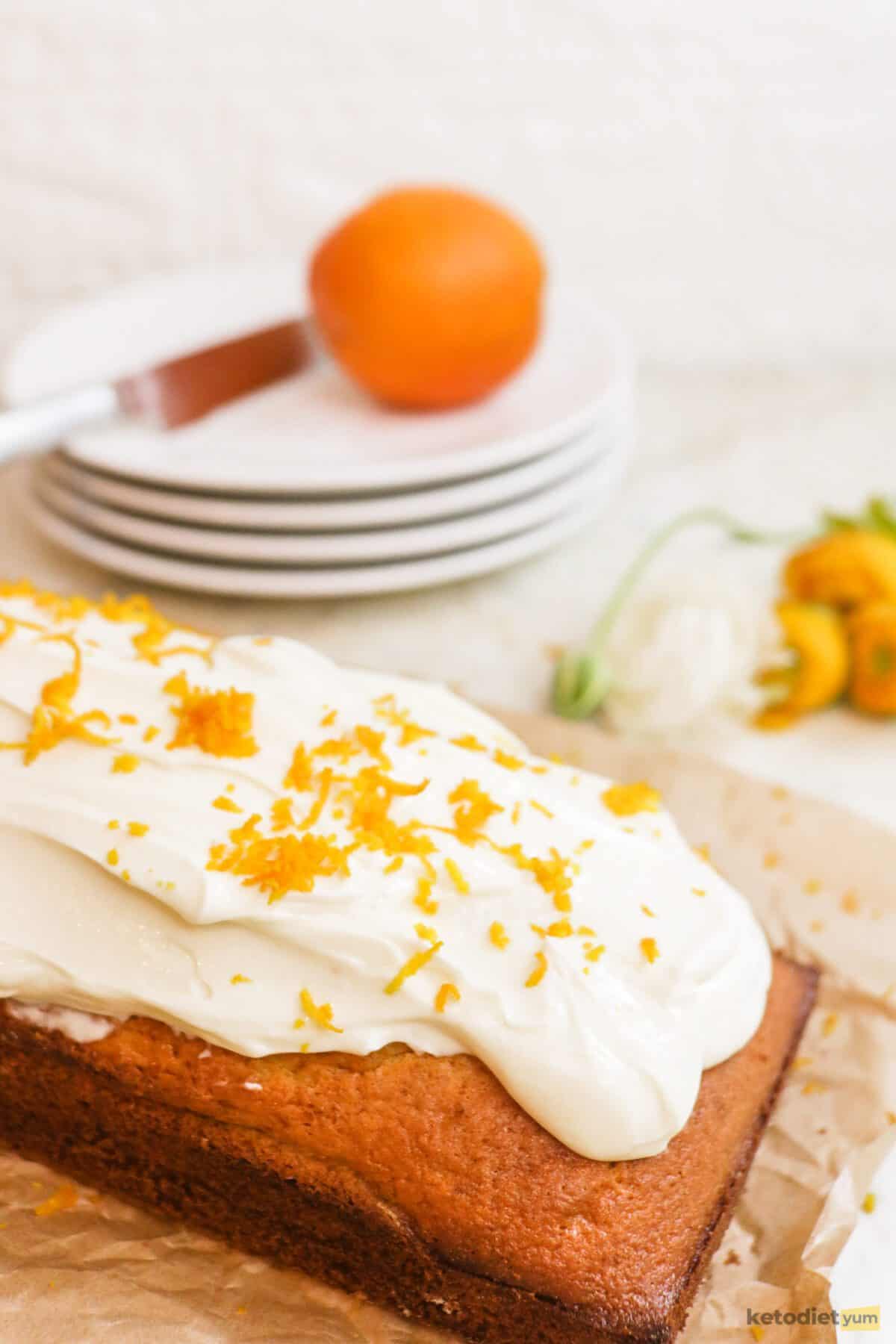 Delicious orange flour almond cake with cream cheese frosting ready to eat!