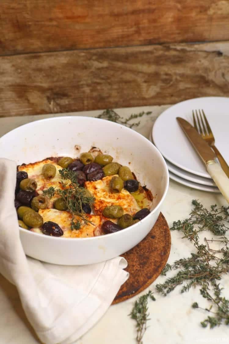 Baked feta with olives ready to enjoy!