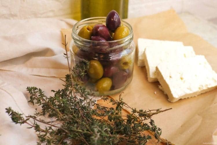 Sliced feta cheese and olives