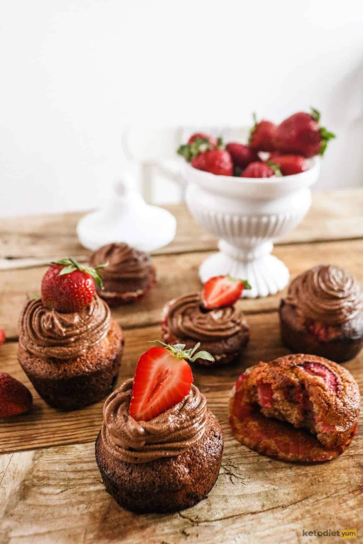Indulge in a rich, decadent treat with these Keto Chocolate Cupcakes made with almond flour and coconut flour. The combination of chocolate, vanilla, and fresh strawberries in the batter makes these cupcakes a guilt-free pleasure.
