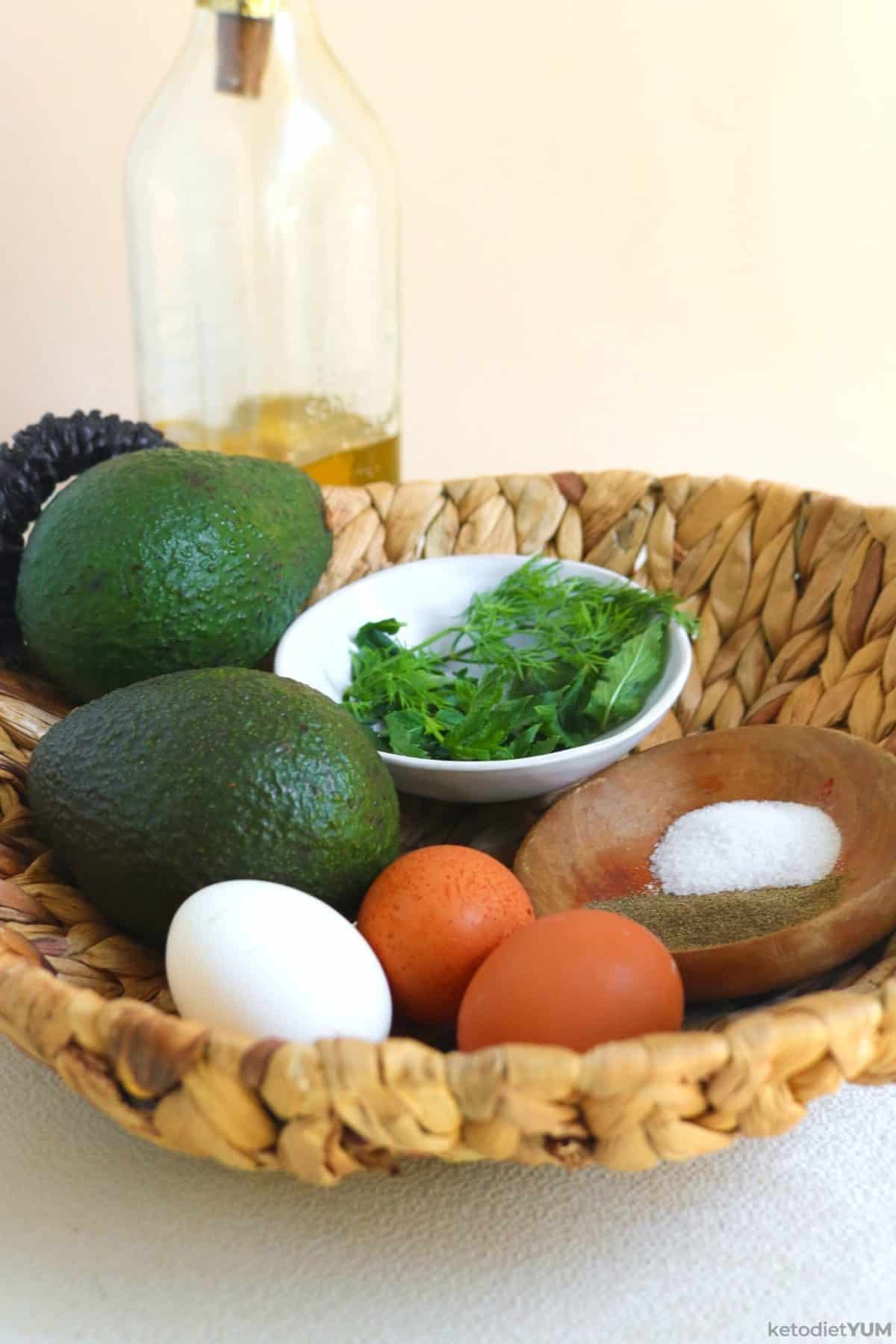 Ingredients used to make baked avocado eggs