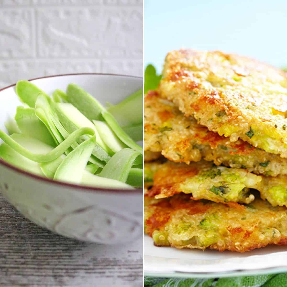 Keto Zucchini Hash Browns Bowl of zucchini next to keto hash browns