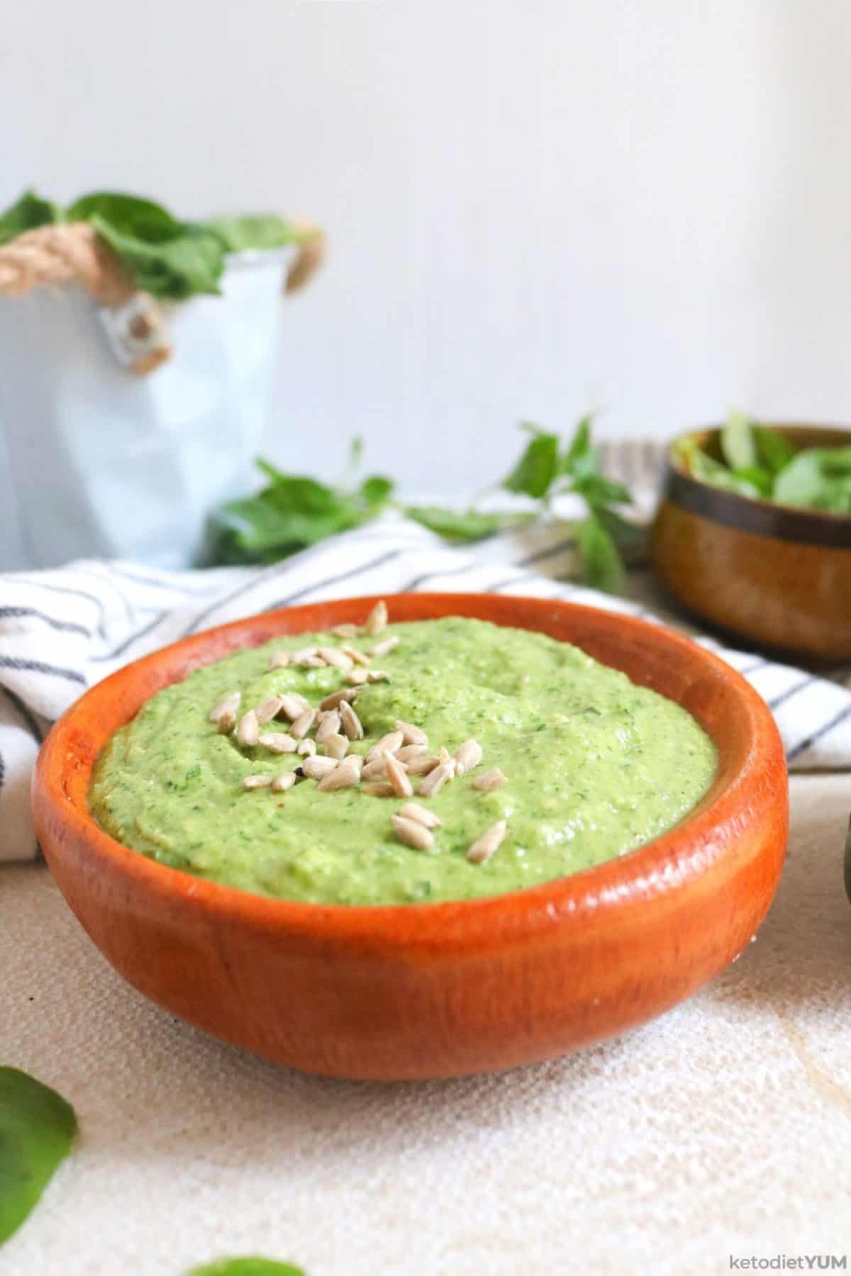 Avocado basil pesto with sunflower seeds ready to enjoy