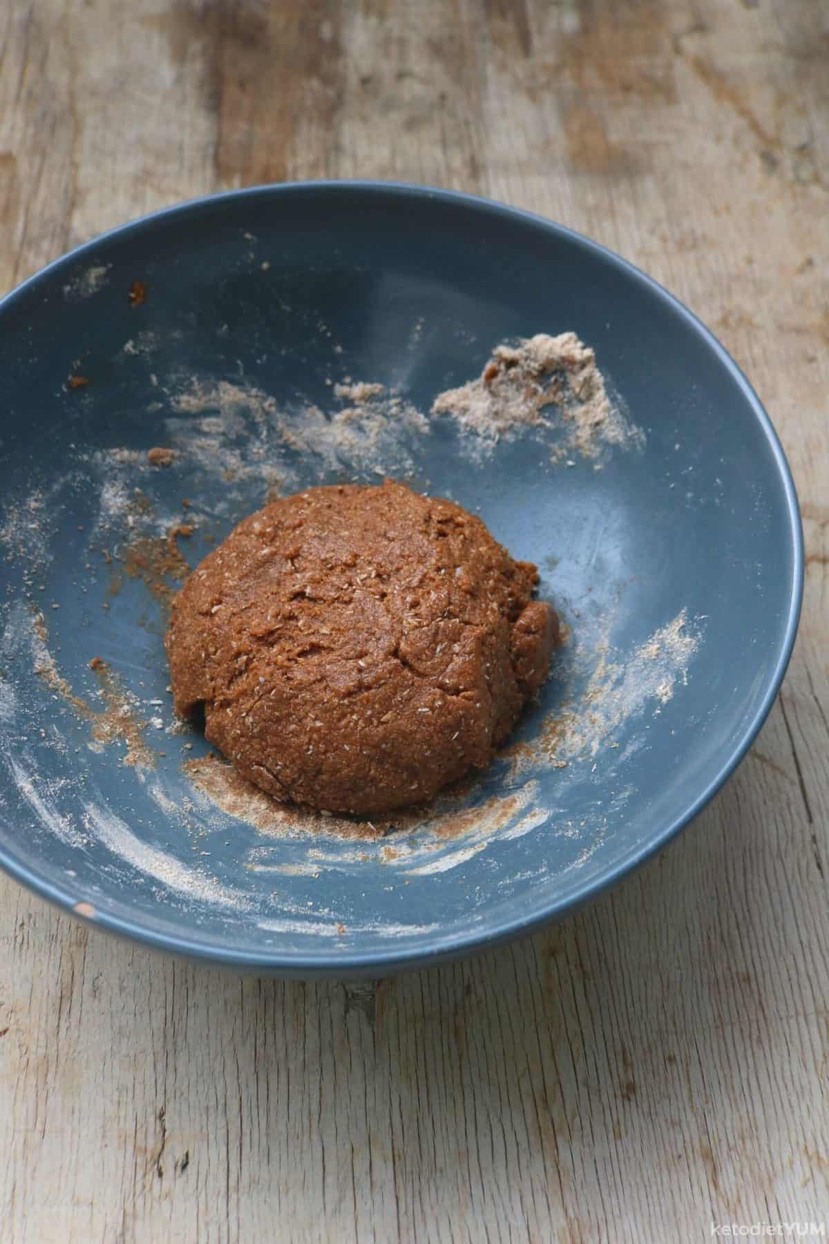 Keto pumpkin cookie dough in a bowl ready to be covered and placed in the fridge