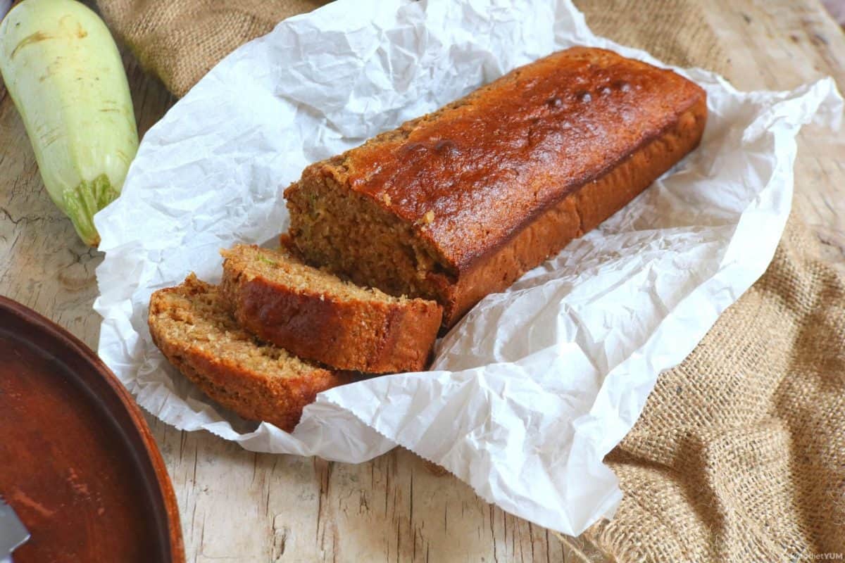 Delicious low carb keto zucchini bread sliced and ready to enjoy