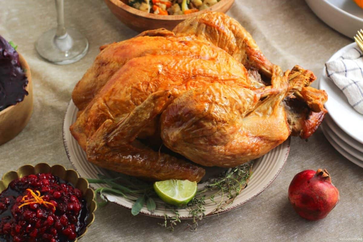 A delicious low carb roast turkey ready to be carved and enjoyed!