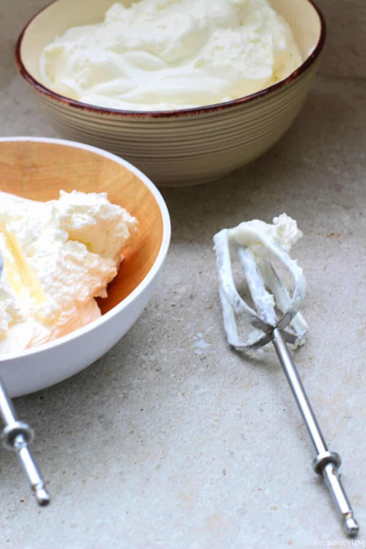 Beating the cream cheese and heavy cream ready to make the keto cheesecake filling