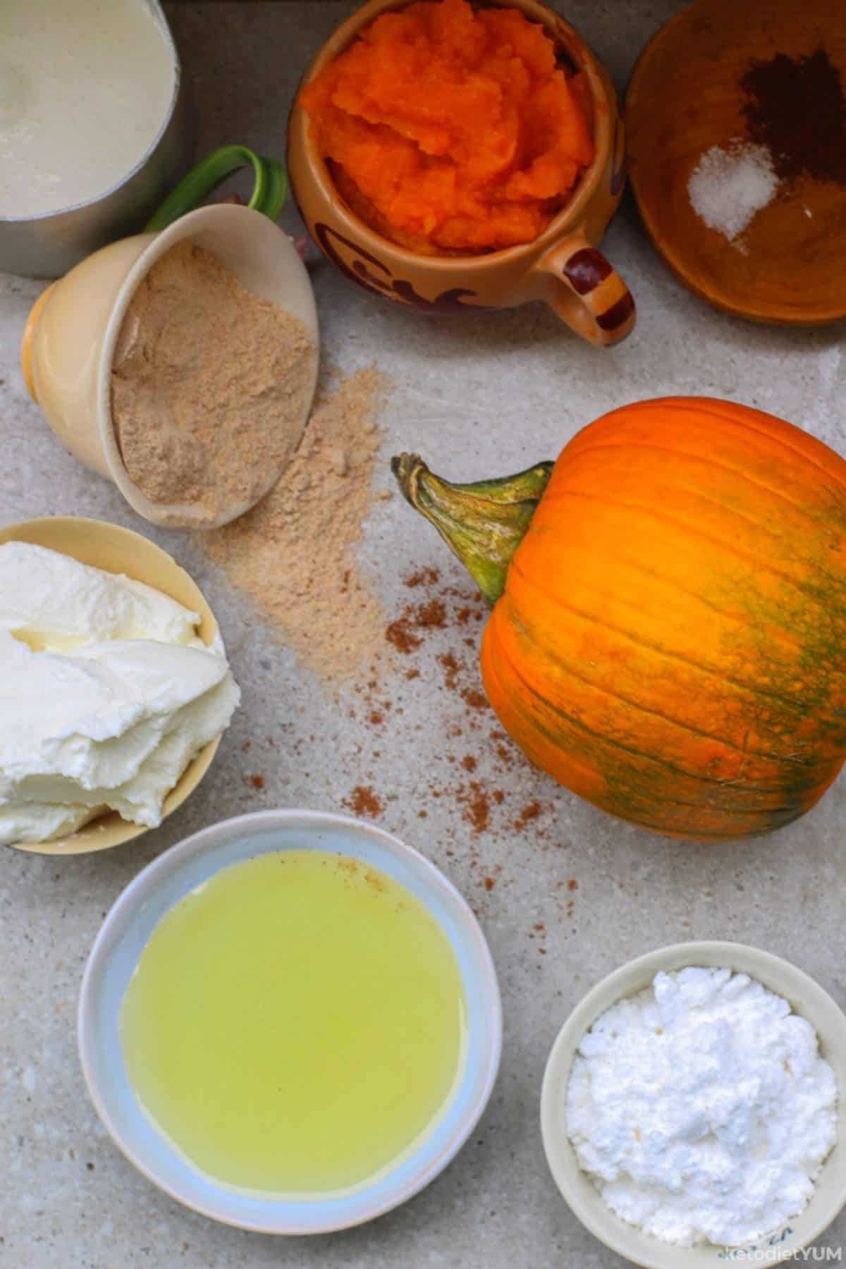 Ingredients to make a no-bake keto pumpkin cheesecake