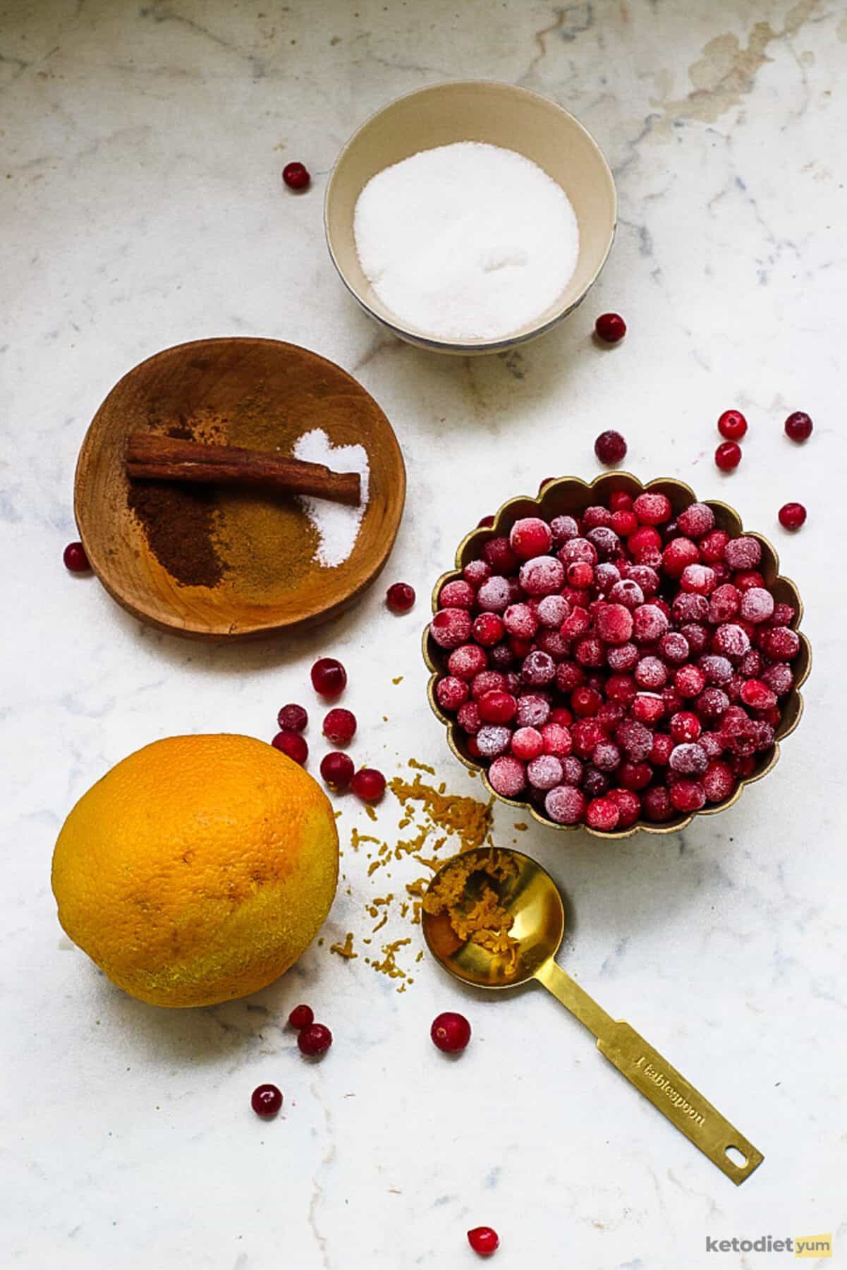 Ingredients displayed on a table to make homemade cranberry sauce