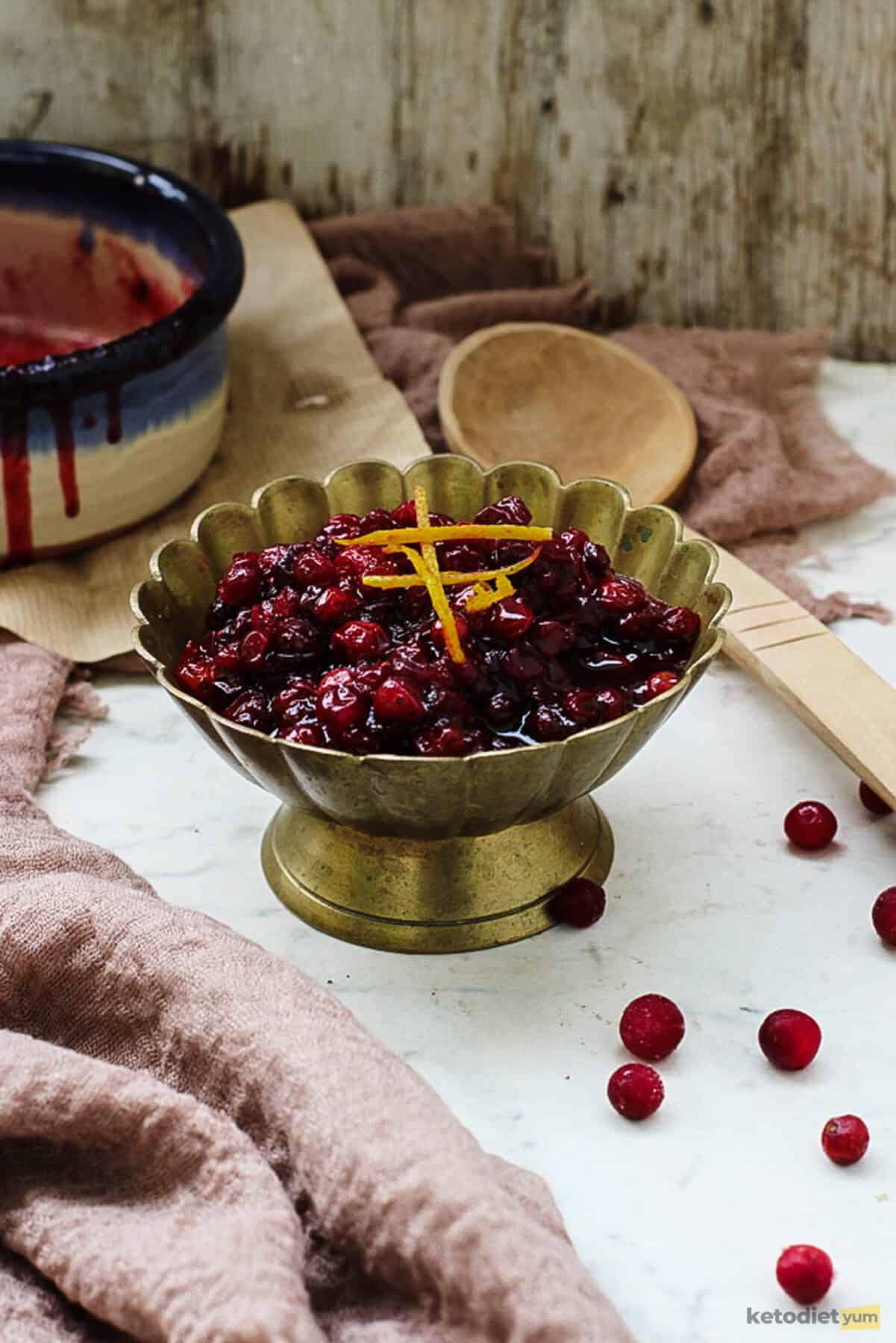 Delicious homemade cranberry sauce that is low in carbs and keto friendly