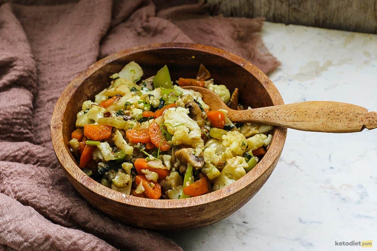 A delicious bowl of cauliflower keto turkey stuffing to enjoy with roast turkey or as a side dish