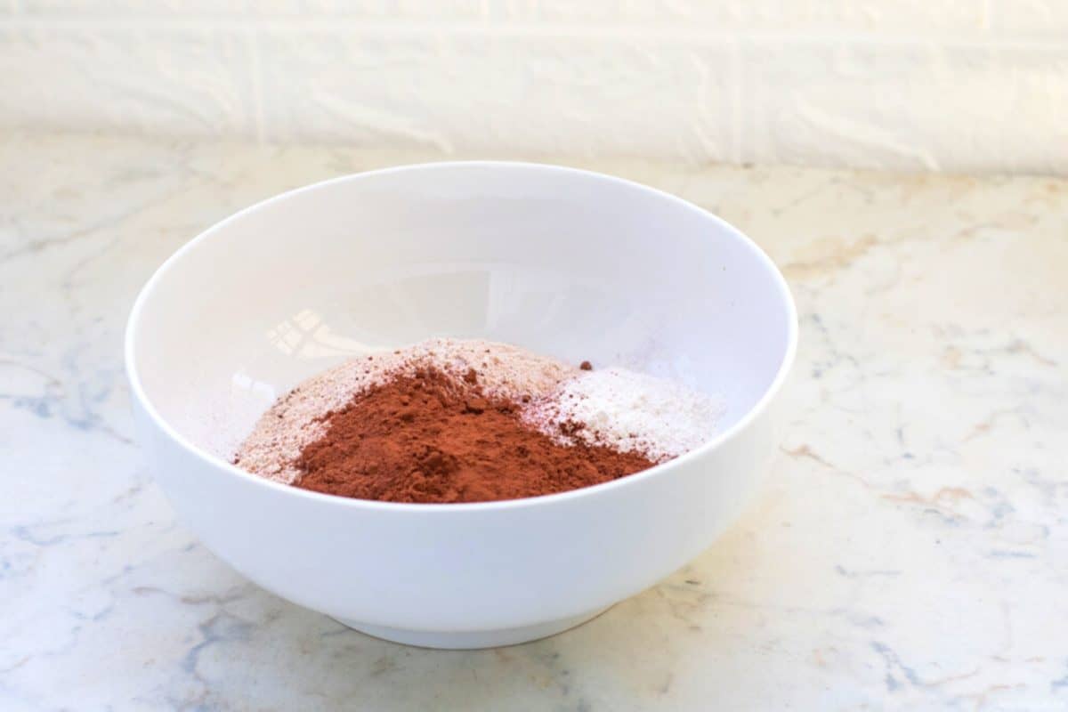 Preparing the dry ingredients for this chocolate keto cake