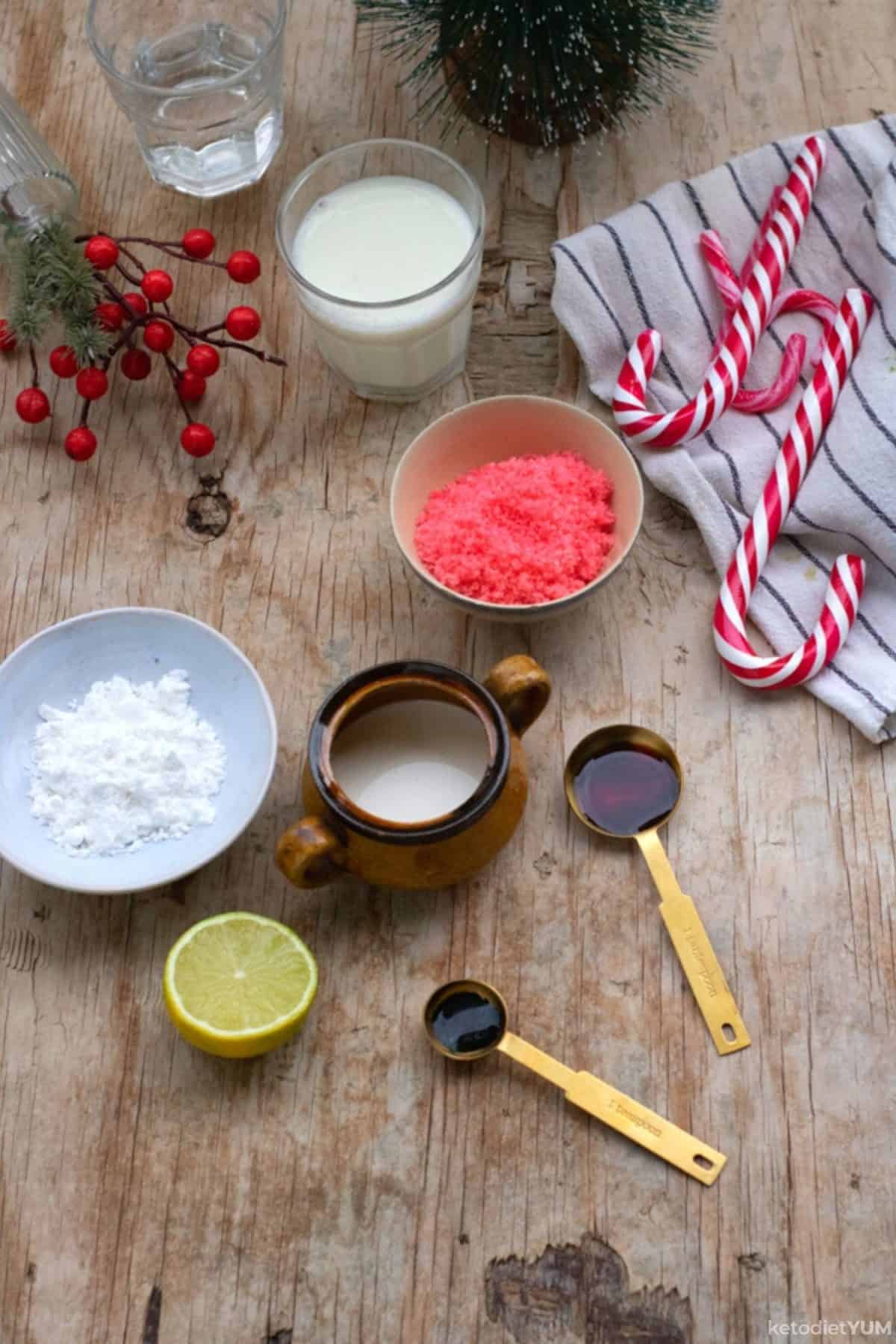 Simple ingredients to make a candy cane keto vodka cocktail