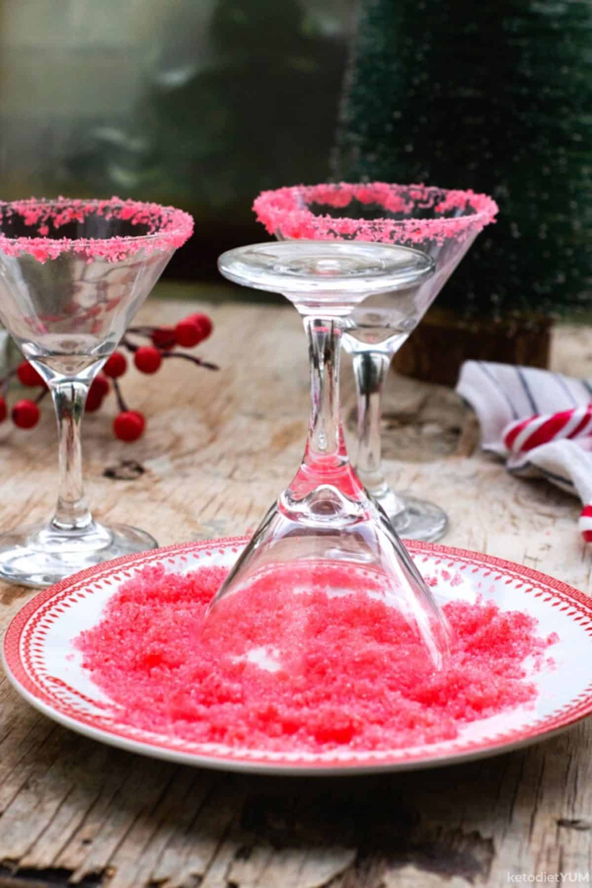 Festive red Erythritol granules used to rim martini glasses