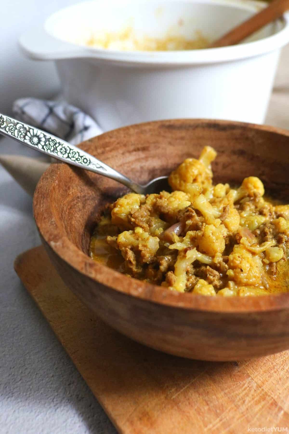 Flavor-packed ground beef cauliflower curry in a bowl ready to eat