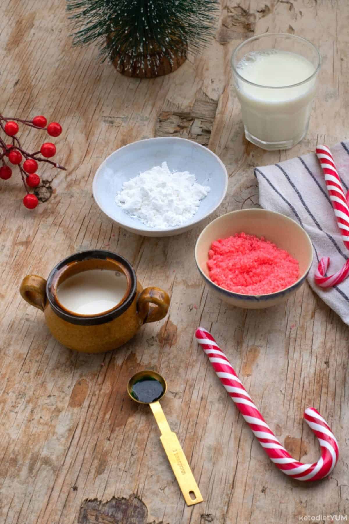 Simple ingredients needed to make a candy cane milkshake that is low carb and keto friendly
