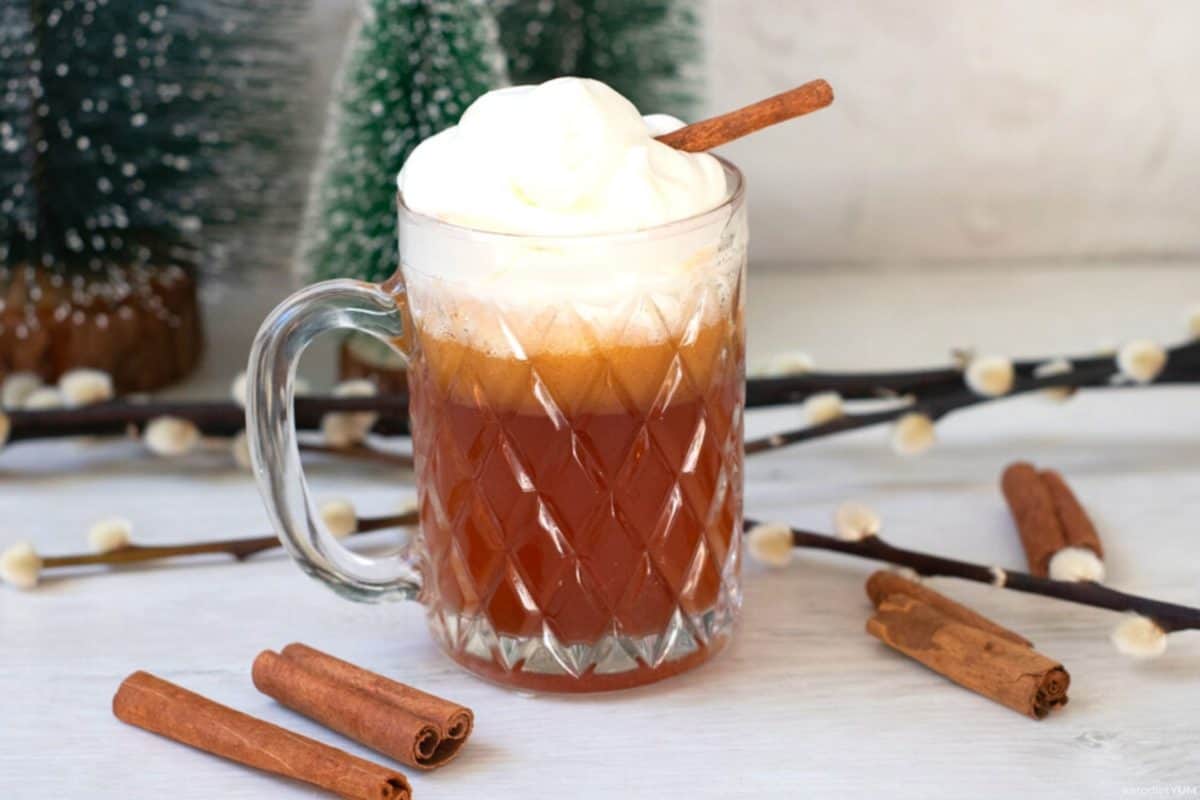 Keto hot buttered rum in a glass mug topped with sugar-free whipped cream and a cinnamon stick