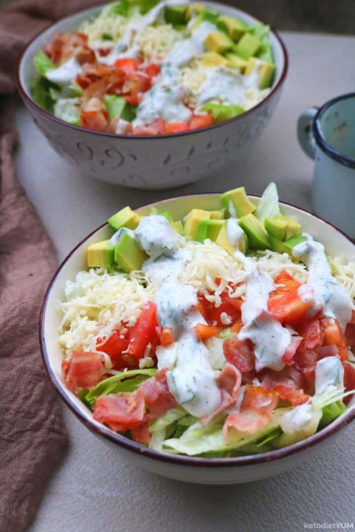 A keto bacon, lettuce and tomato salad in a bowl (Keto BLT Salad)