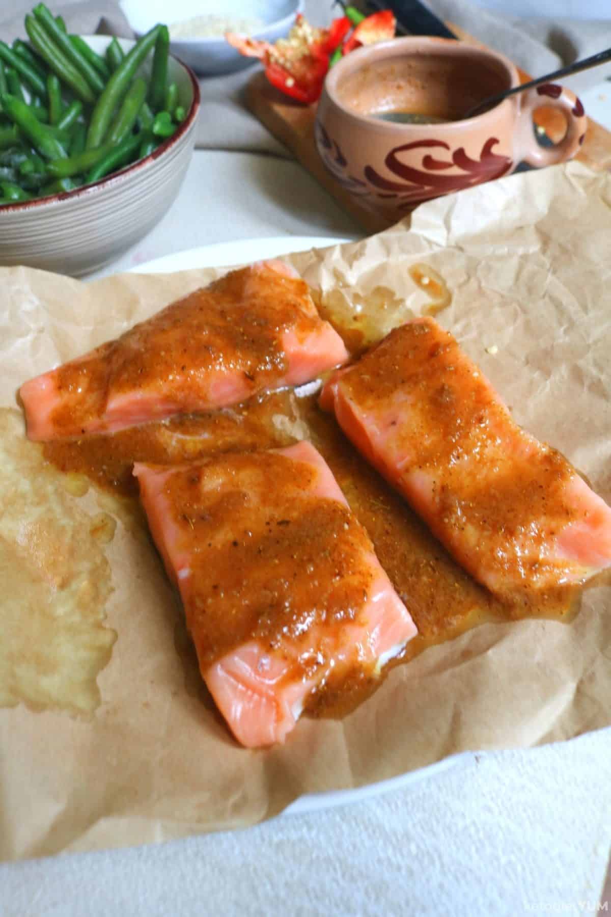 Brush the salmon fillets generously with the glaze