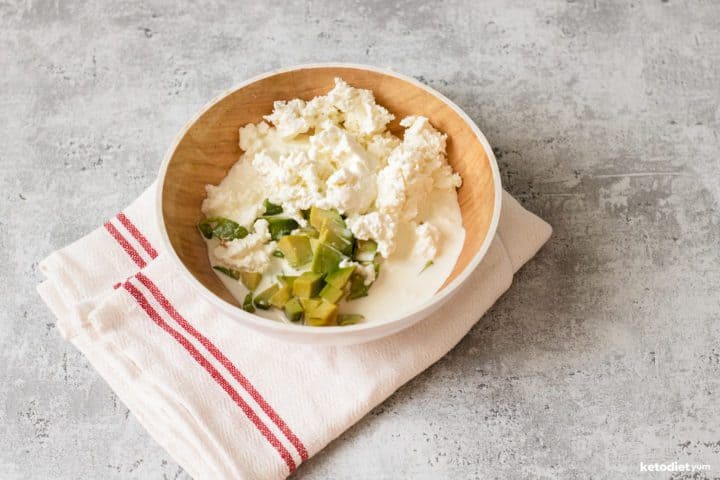 Cheesy sauce made with sour cream, crumbled goat cheese and diced avocado