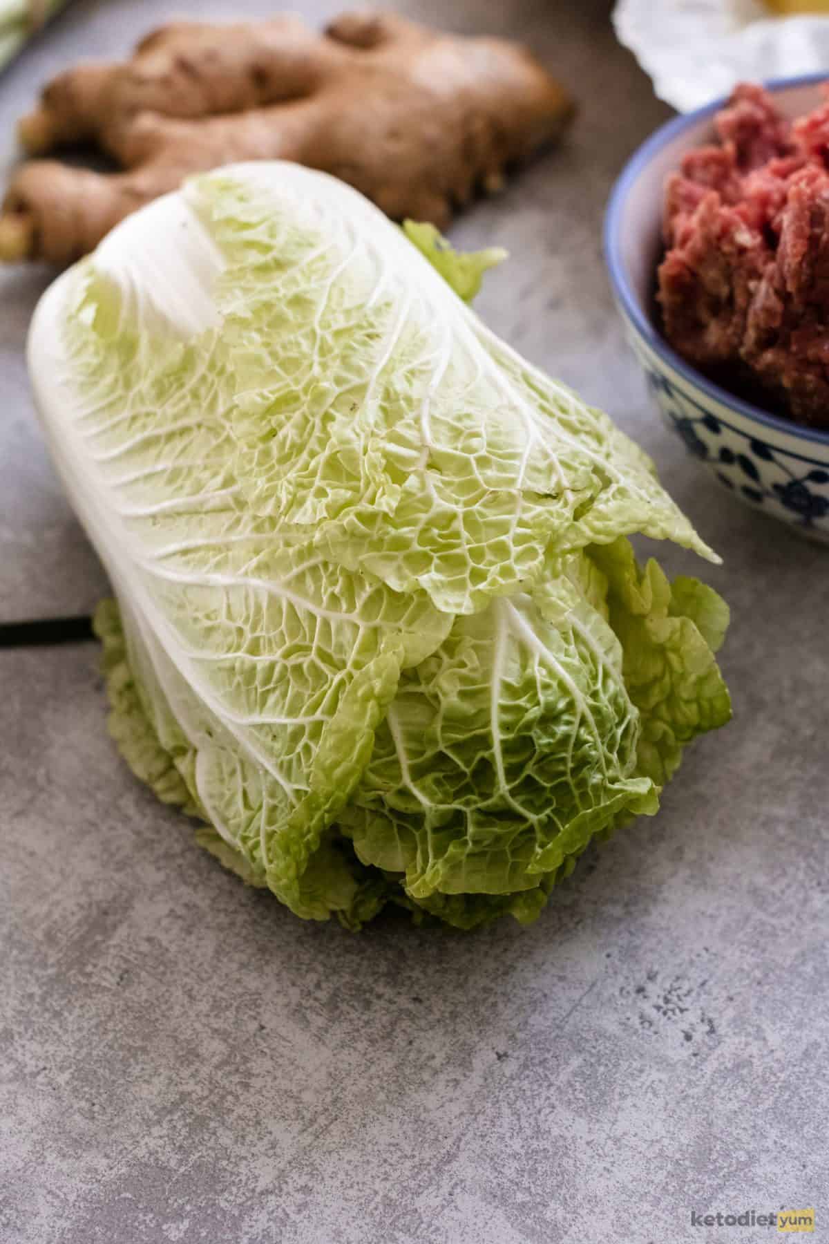 A fresh Chinese cabbage or Napa cabbage on a table
