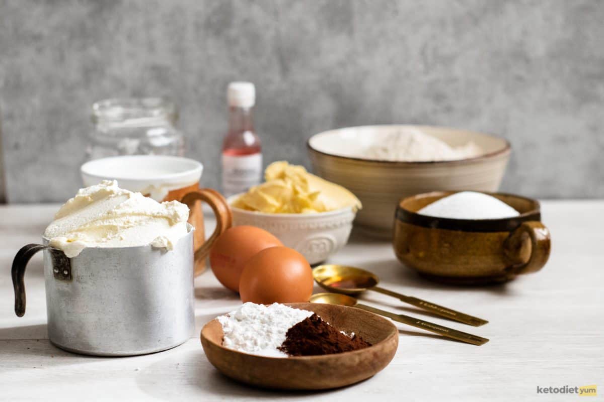 Ingredients on a table to make a low carb keto red velvet cake