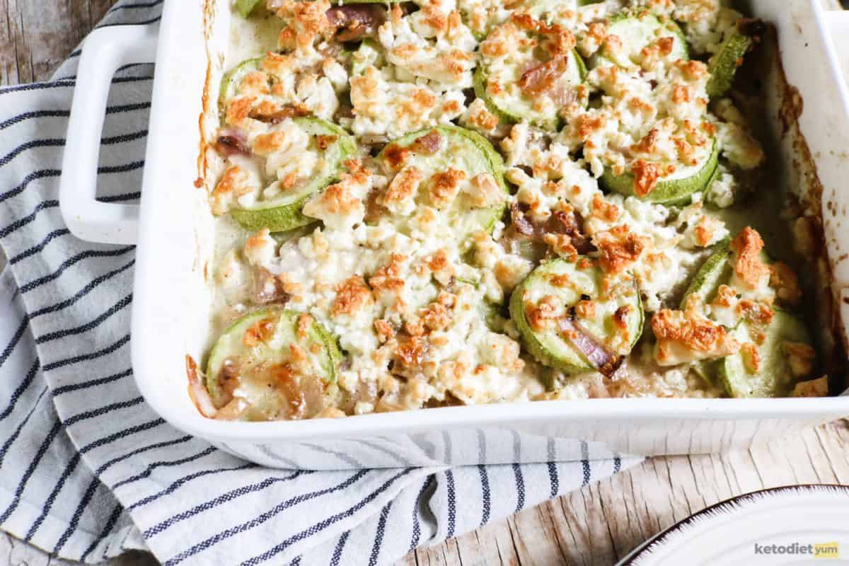 A delicious creamy zucchini casserole made with fresh zucchini, mozzarella and feta