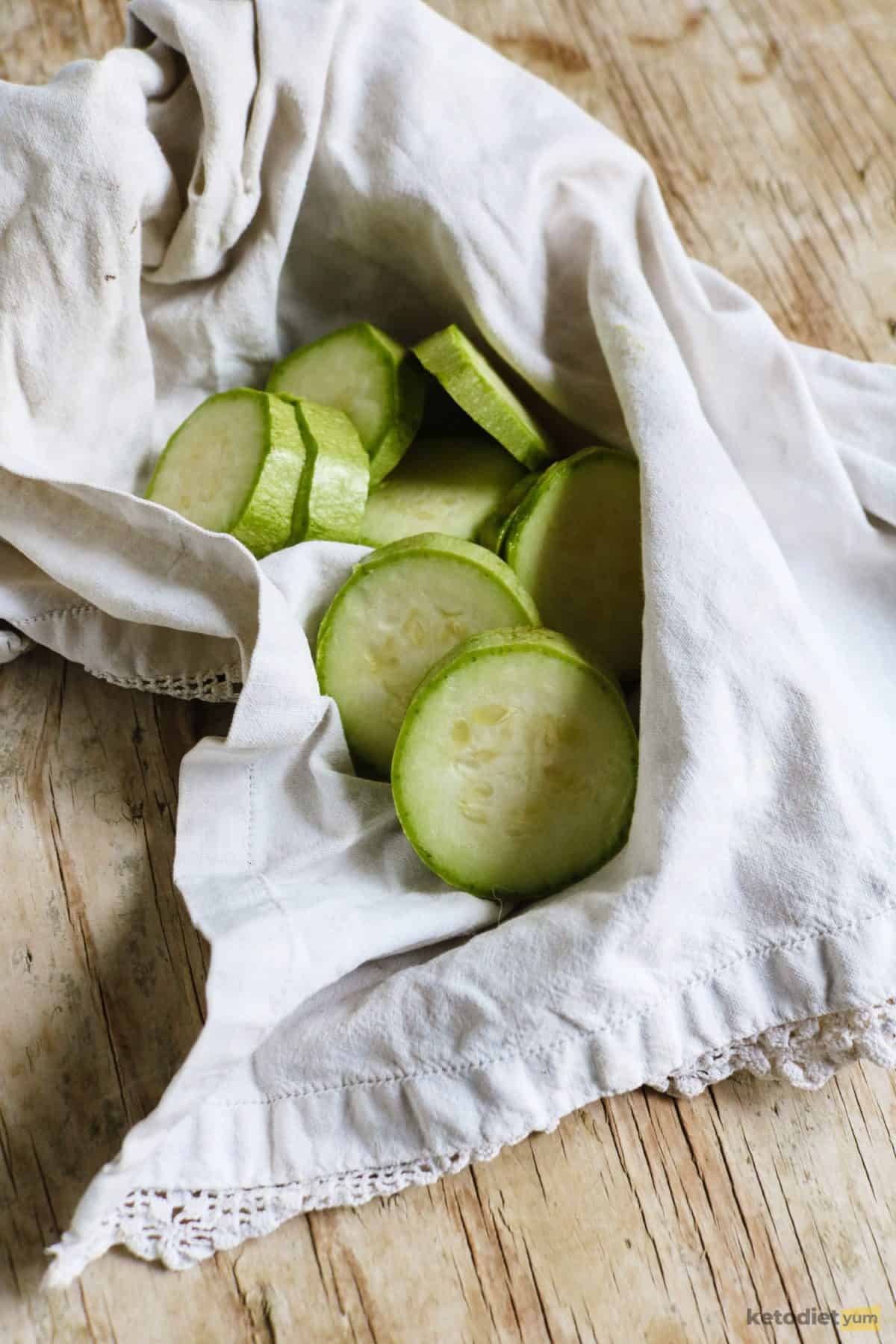 Patting zucchini slices dry with a cloth after using salt to draw out excess water