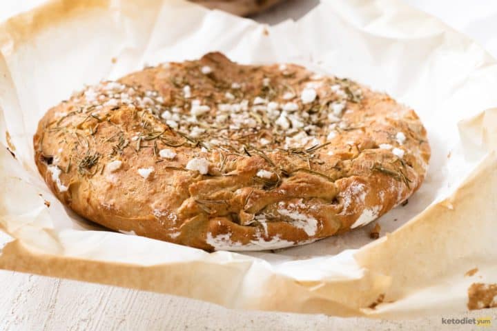 Fresh, delicious rosemary keto focaccia bread fresh out of the oven and ready to eat