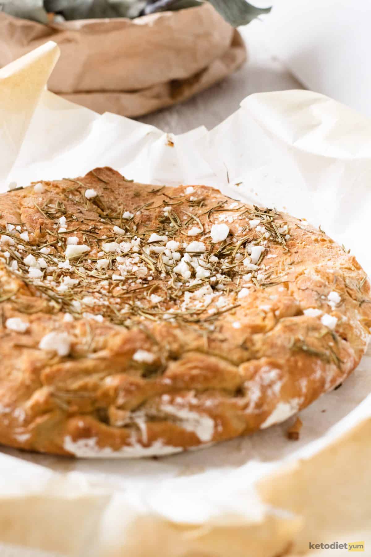 Delicious rosemary keto focaccia bread topped with rosemary and sea salt flakes