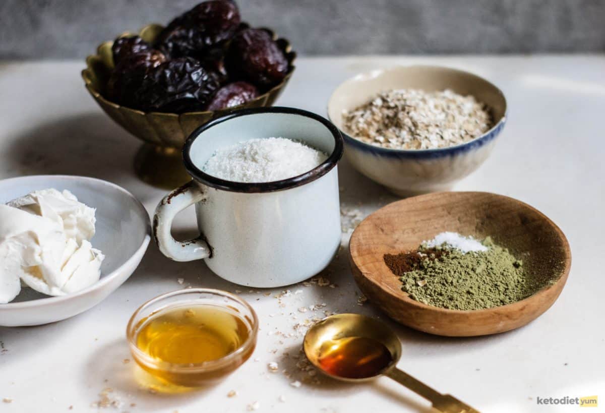 A group of ingredients on a table to make matcha date balls