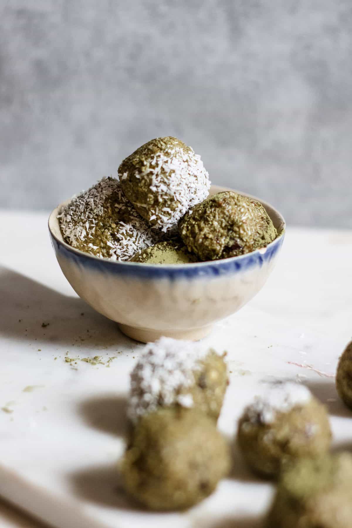 Matcha energy balls in a bowl ready to enjoy