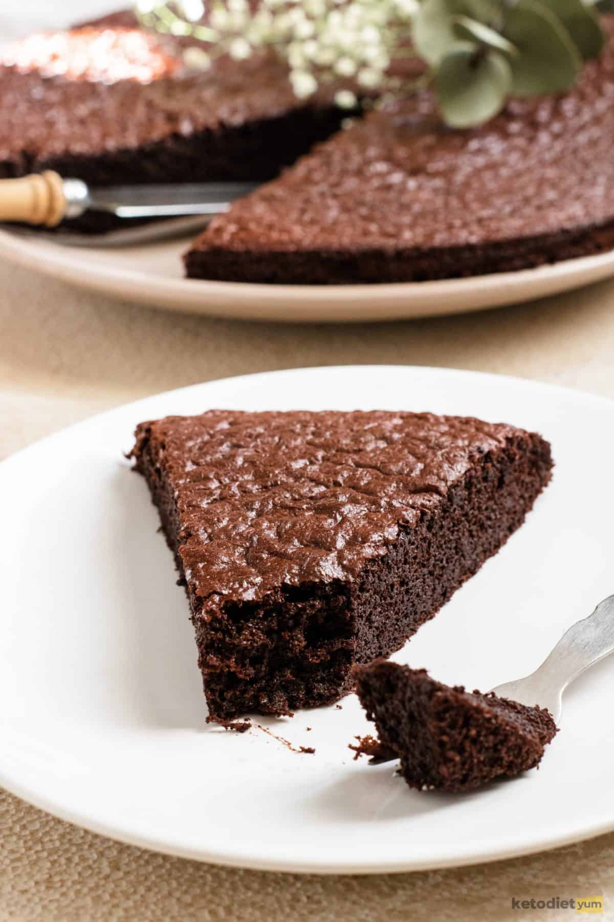 A slice of keto chocolate pie on a white plate