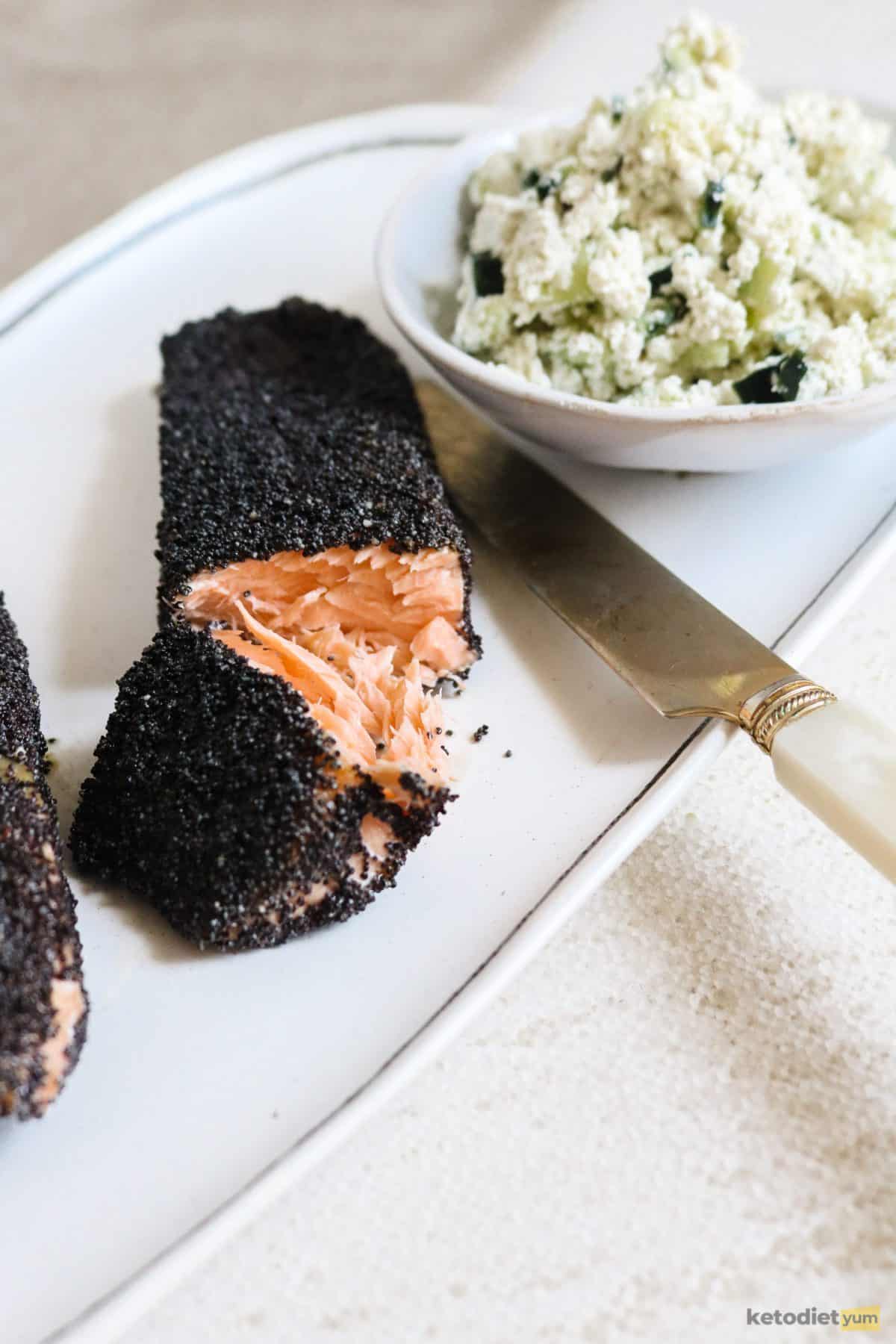 Poppy seed crusted salmon served with a refreshing goat cheese dip