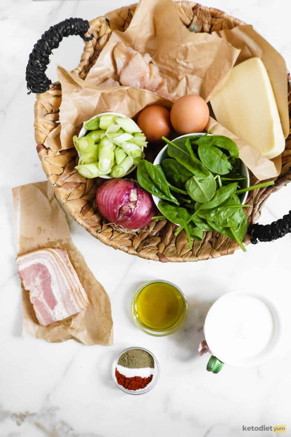 Cheesy Keto Chicken Casserole Ingredients arranged on a table to make a low carb casserole