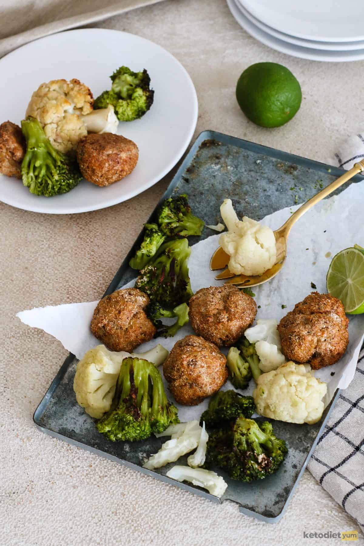 Delicious one-tray keto chicken meatballs served with roast vegetables
