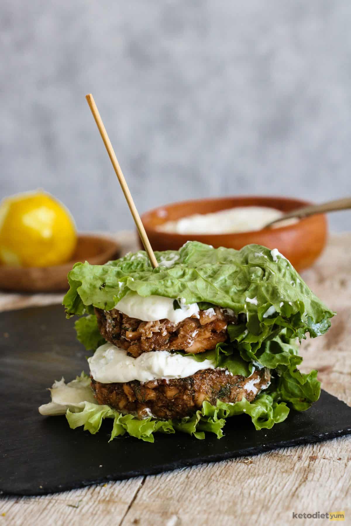 Salmon burger lettuce wraps served hot and ready to enjoy