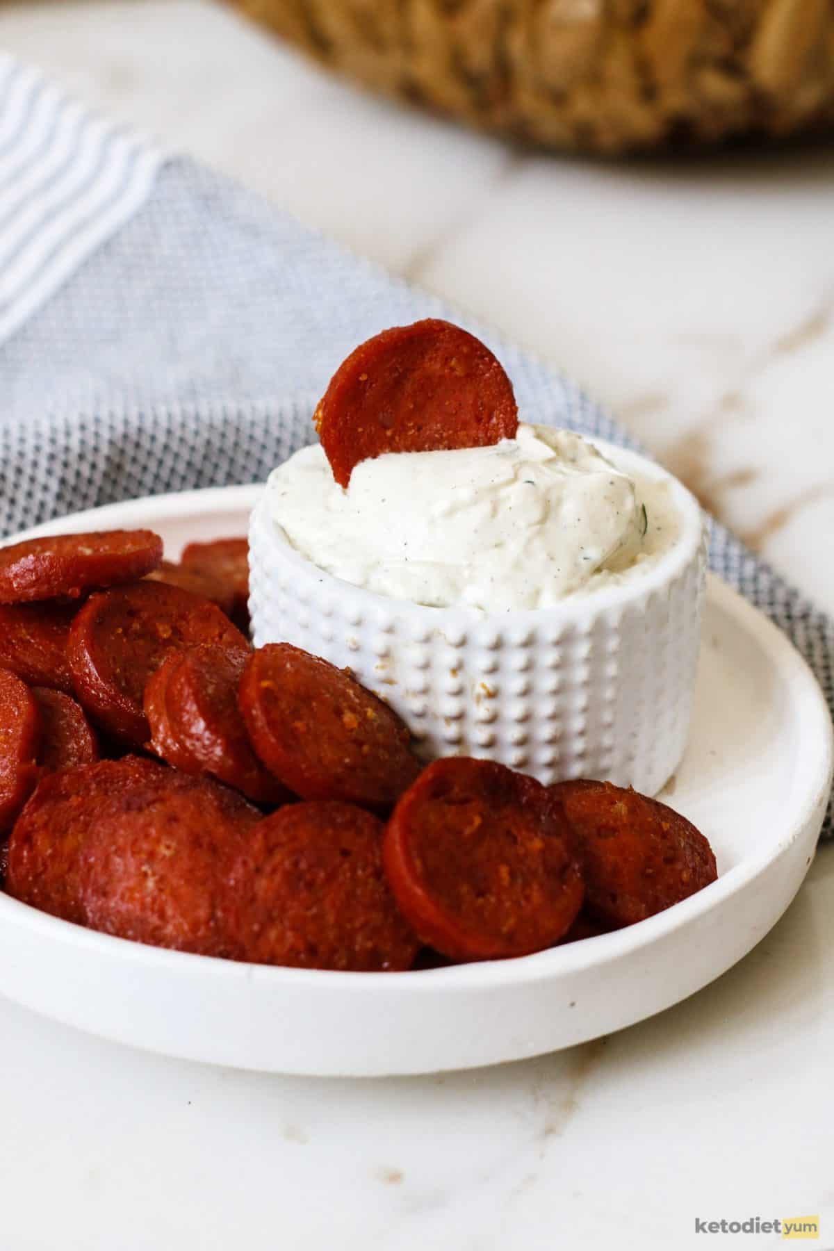 Delicious crispy and golden chorizo chips served with a seasoned cream cheese dip