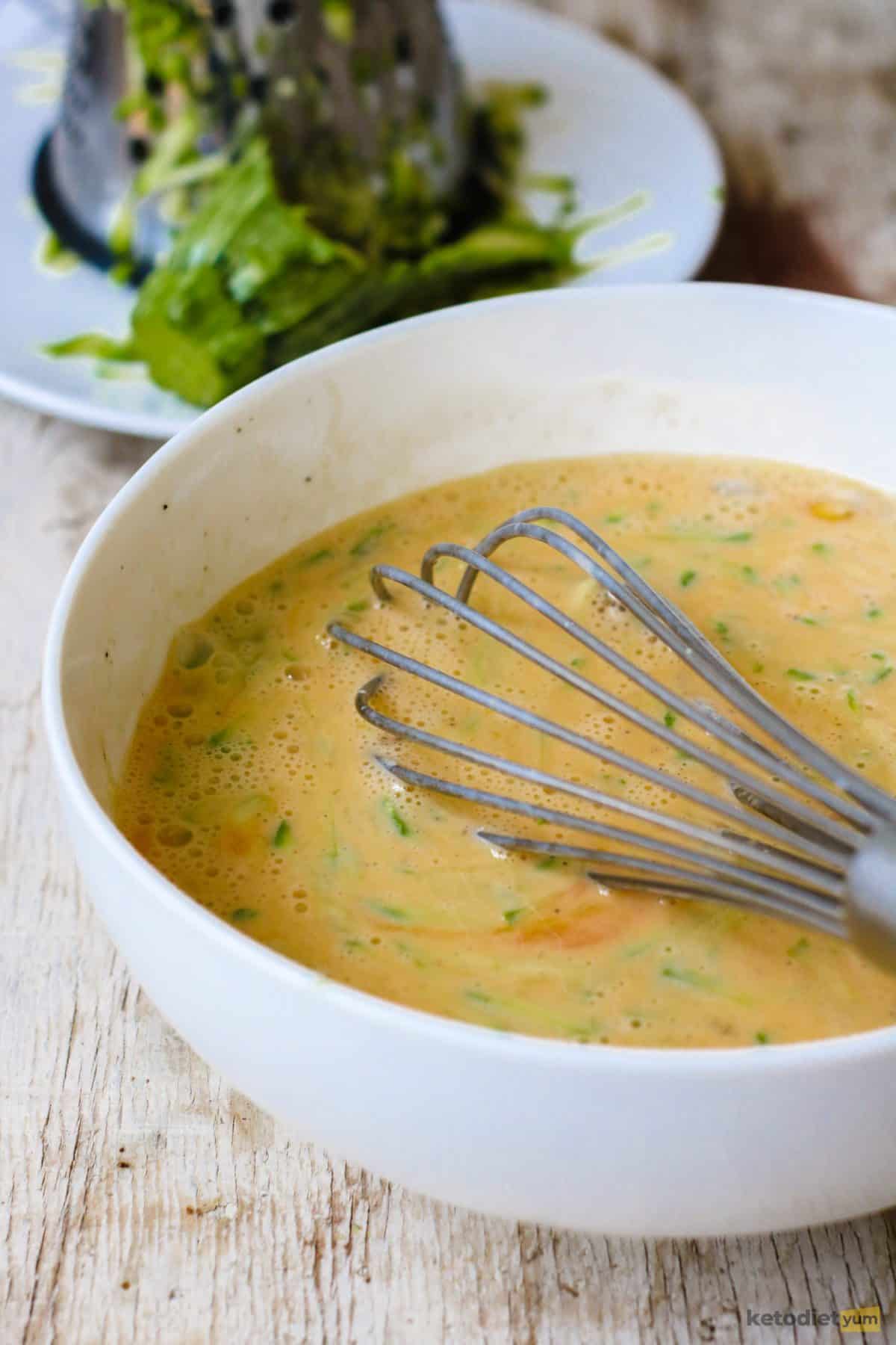 Low carb frittata mixture combined in a mixing bowl