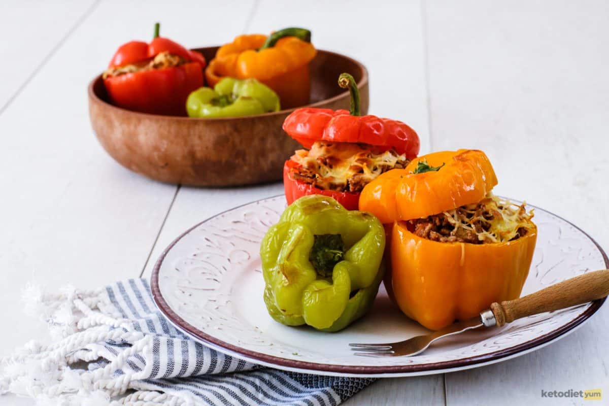 Delicious keto stuffed peppers with ground beef and cheese